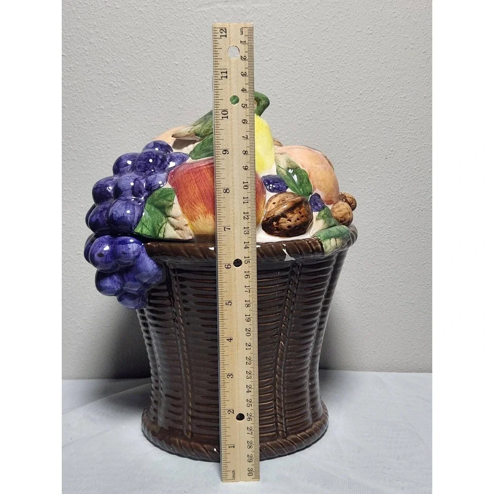 Vintage Ceramic Fruit Basket Cookie Jar Hand Painted Grapes Apple Pear Walnuts